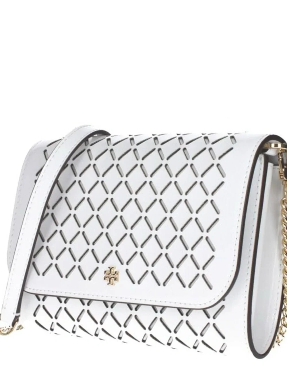 Tory Burch White Laser-Cut Leather Crossbody with Gold Chain